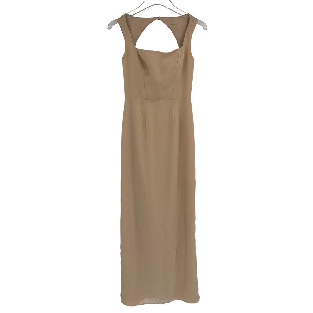 Azazie Champagne Tan Square Neck Keyhole Back Maxi Bridesmaid Dress A0 - Picture 2 of 7
